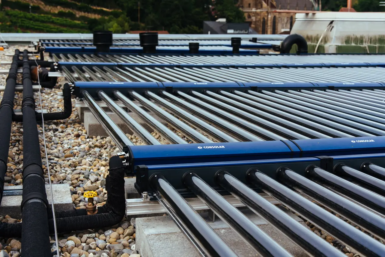 TUBO II evacuated tube collectors on a city roof